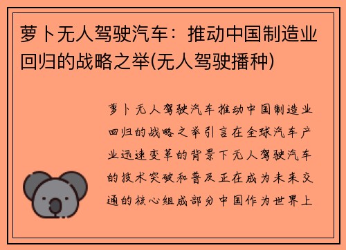 萝卜无人驾驶汽车：推动中国制造业回归的战略之举(无人驾驶播种)