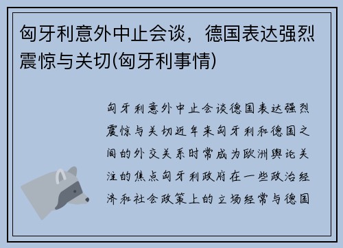 匈牙利意外中止会谈，德国表达强烈震惊与关切(匈牙利事情)