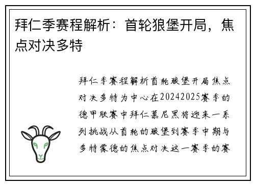 拜仁季赛程解析：首轮狼堡开局，焦点对决多特